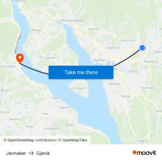 Jevnaker to Gjøvik map