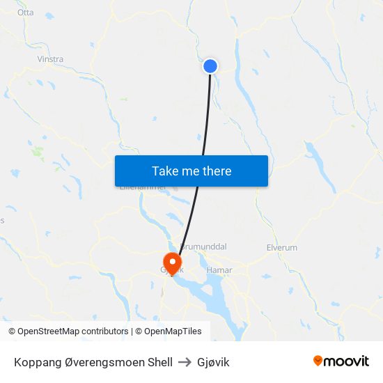 Koppang Øverengsmoen Shell to Gjøvik map