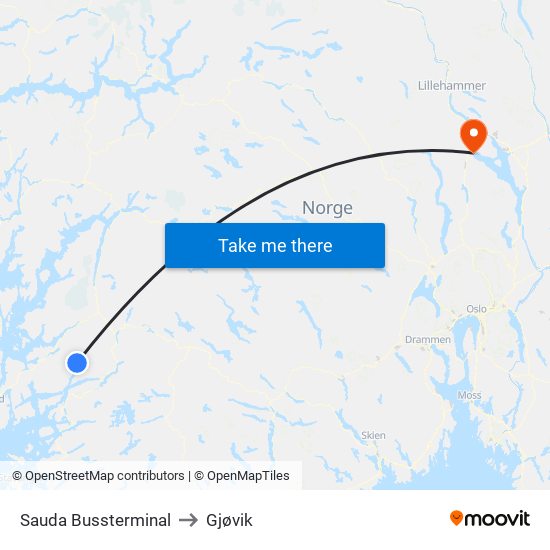 Sauda Bussterminal to Gjøvik map