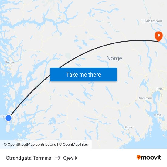 Strandgata Terminal to Gjøvik map