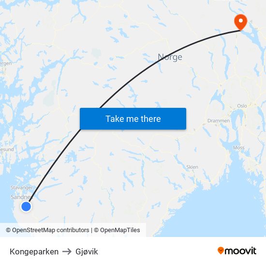 Kongeparken to Gjøvik map