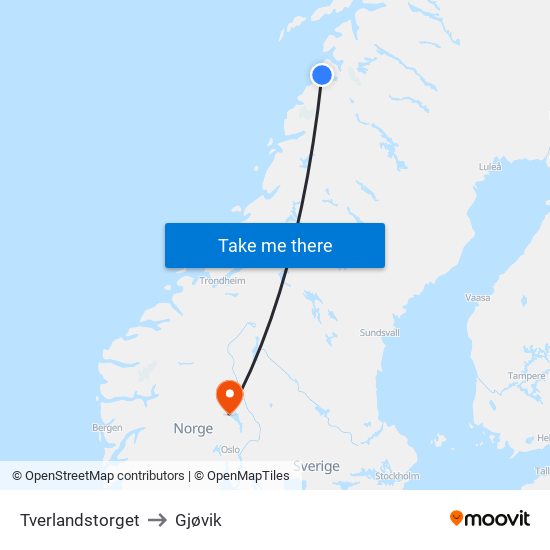 Tverlandstorget to Gjøvik map