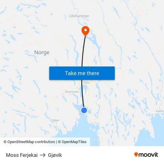 Moss Ferjekai to Gjøvik map