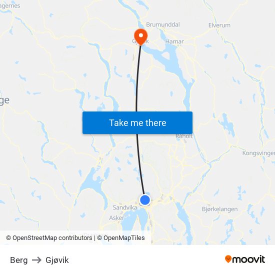 Berg to Gjøvik map