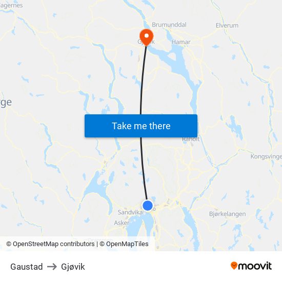 Gaustad to Gjøvik map