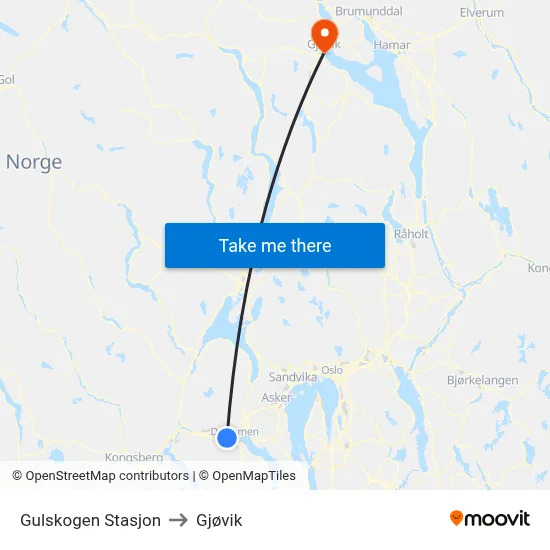 Gulskogen Stasjon to Gjøvik map