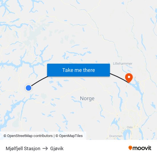 Mjølfjell Stasjon to Gjøvik map