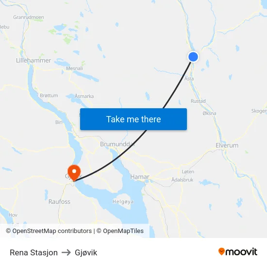 Rena Stasjon to Gjøvik map