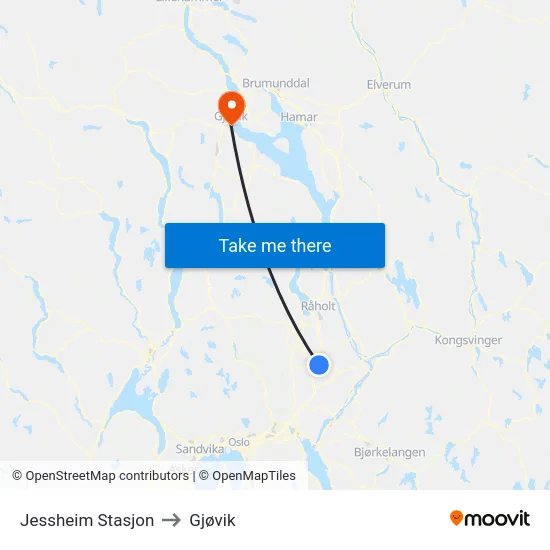 Jessheim Stasjon to Gjøvik map