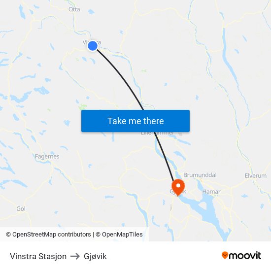 Vinstra Stasjon to Gjøvik map