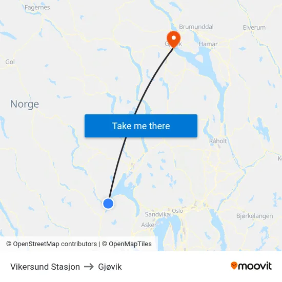 Vikersund Stasjon to Gjøvik map