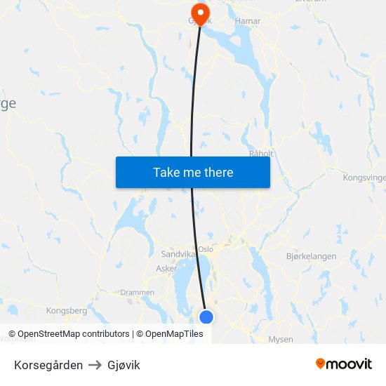 Korsegården to Gjøvik map