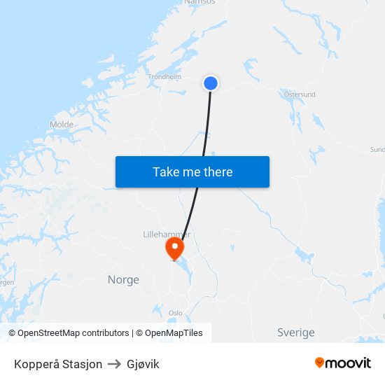 Kopperå Stasjon to Gjøvik map