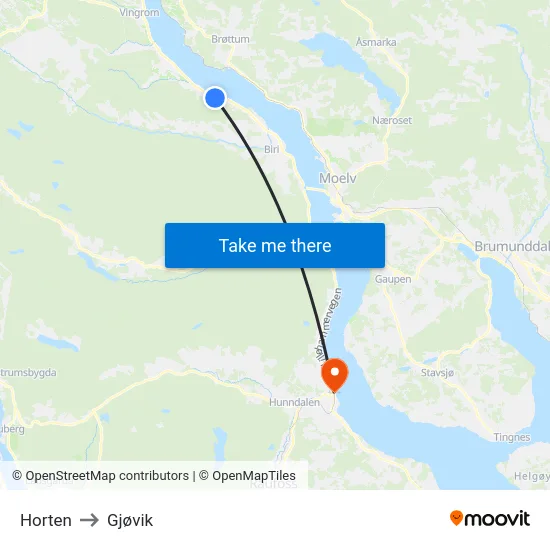 Horten to Gjøvik map