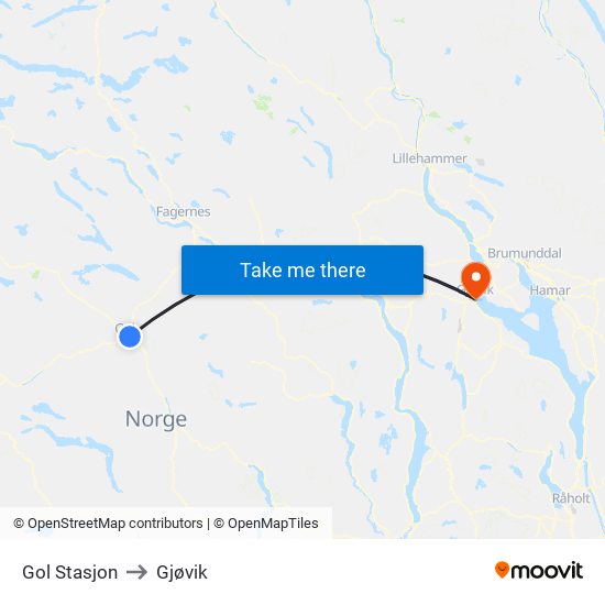 Gol Stasjon to Gjøvik map