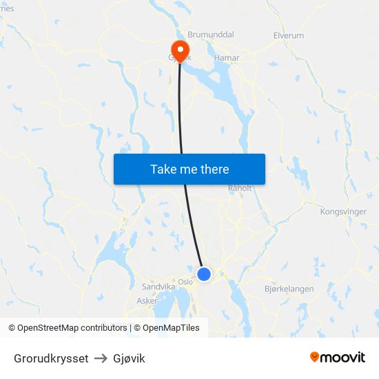 Grorudkrysset to Gjøvik map