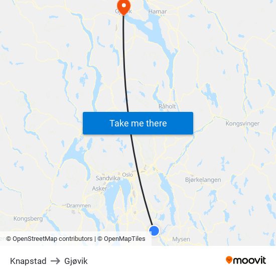 Knapstad to Gjøvik map