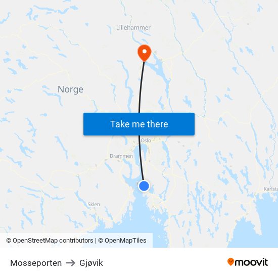 Mosseporten to Gjøvik map