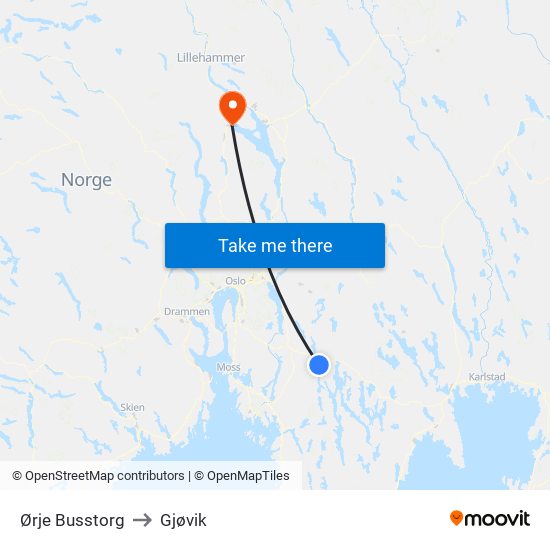 Ørje Busstorg to Gjøvik map