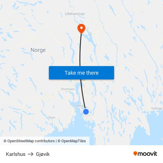 Karlshus to Gjøvik map