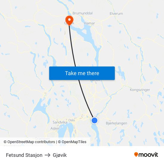 Fetsund Stasjon to Gjøvik map