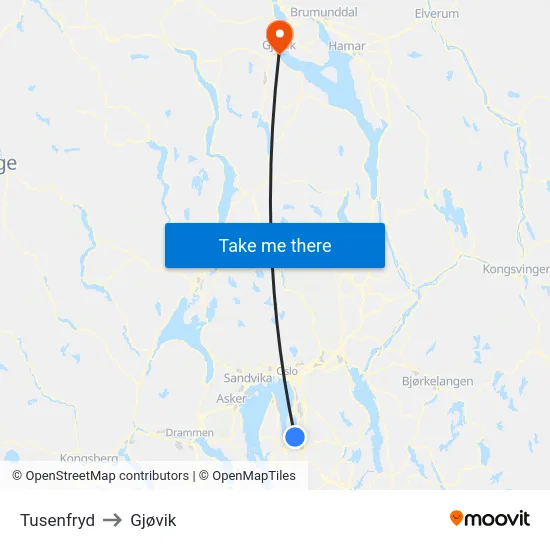 Tusenfryd to Gjøvik map