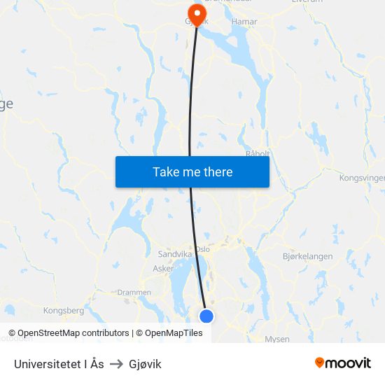 Universitetet I Ås to Gjøvik map