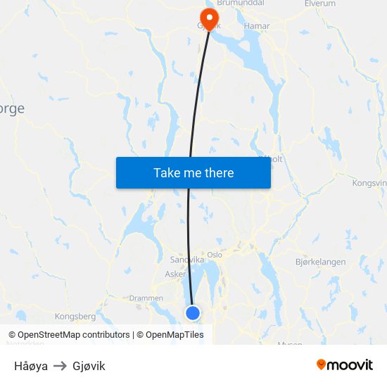 Håøya to Gjøvik map