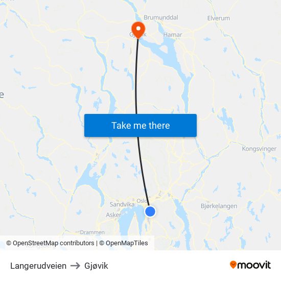 Langerudveien to Gjøvik map