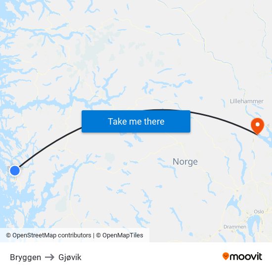 Bryggen to Gjøvik map