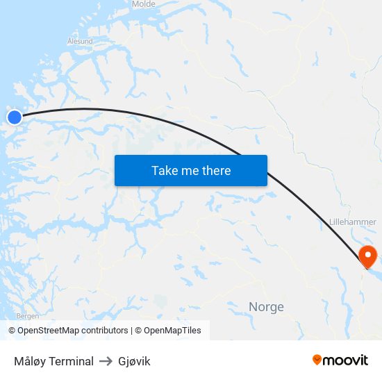 Måløy Terminal to Gjøvik map