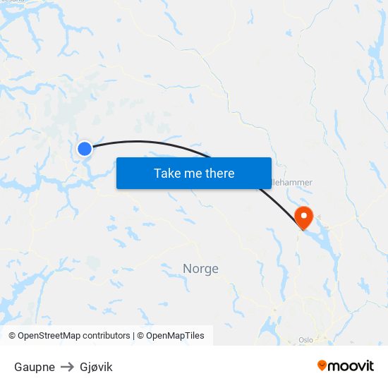 Gaupne to Gjøvik map