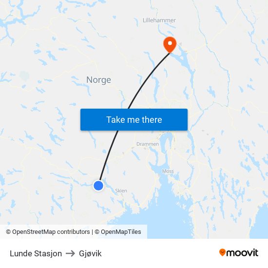 Lunde Stasjon to Gjøvik map