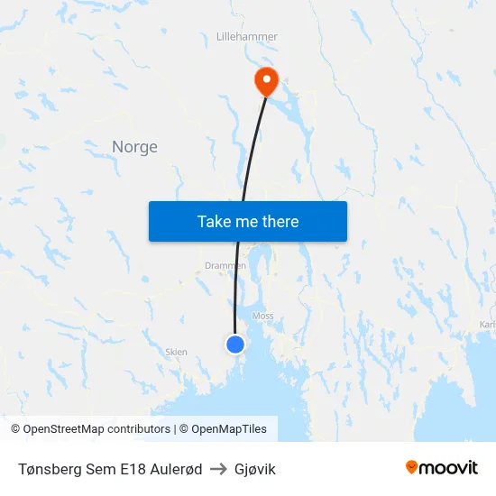 Tønsberg Sem E18 Aulerød to Gjøvik map