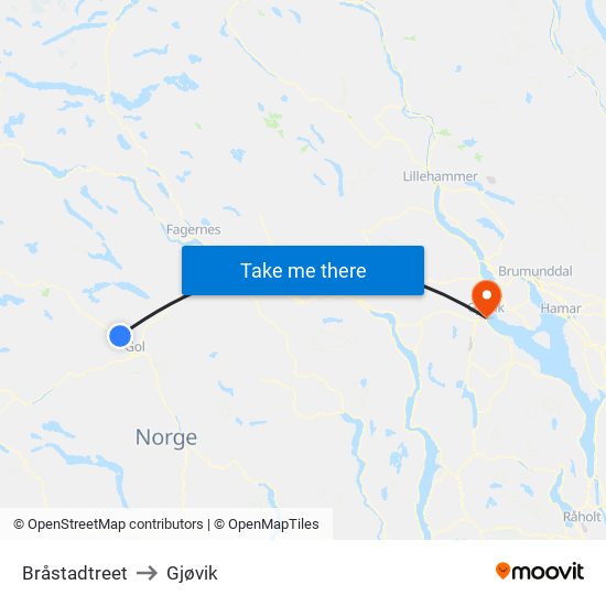 Bråstadtreet to Gjøvik map