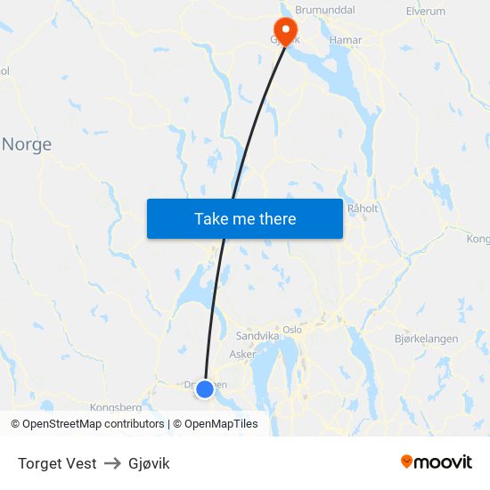 Torget Vest to Gjøvik map