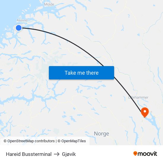 Hareid Bussterminal to Gjøvik map