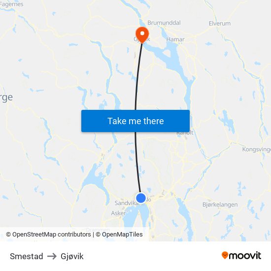 Smestad to Gjøvik map