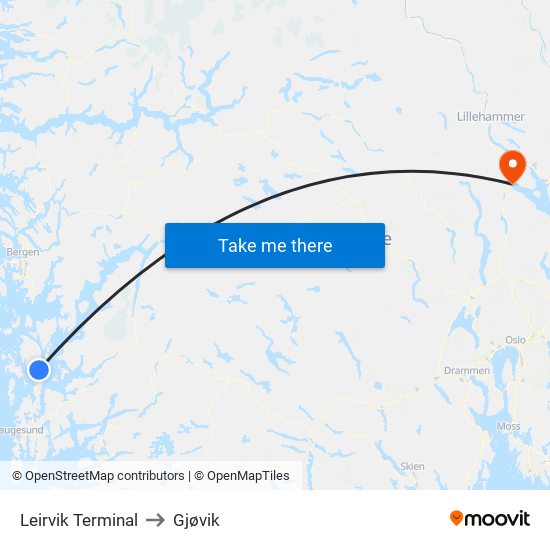 Leirvik Terminal to Gjøvik map