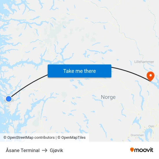 Åsane Terminal to Gjøvik map