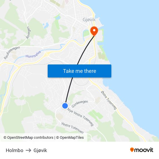 Holmbo to Gjøvik map