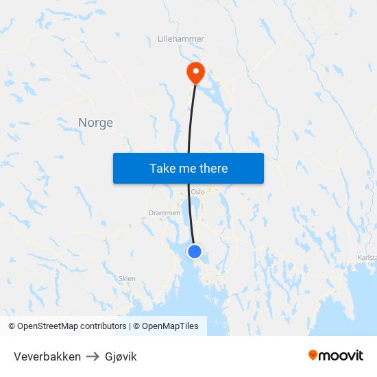 Veverbakken to Gjøvik map