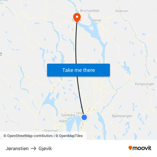 Jøranstien to Gjøvik map