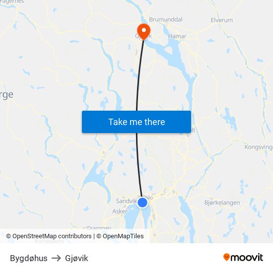 Bygdøhus to Gjøvik map