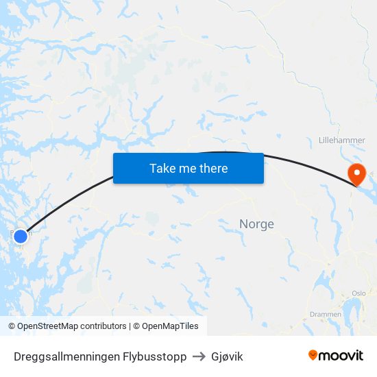 Dreggsallmenningen Flybusstopp to Gjøvik map