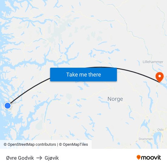 Øvre Godvik to Gjøvik map