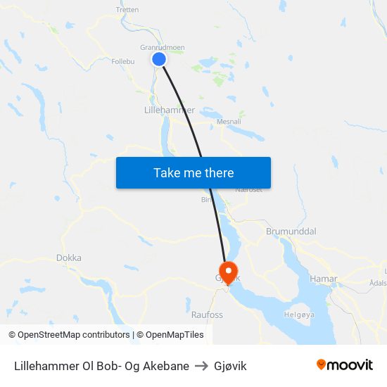 Lillehammer Ol Bob- Og Akebane to Gjøvik map