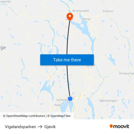 Vigelandsparken to Gjøvik map