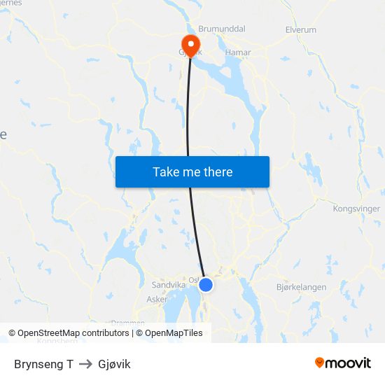 Brynseng T to Gjøvik map