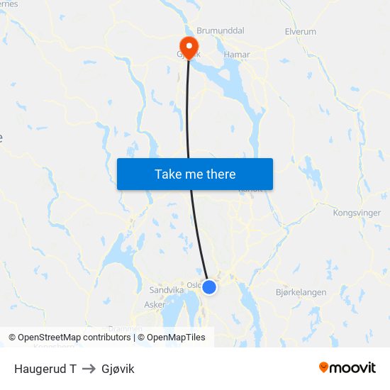 Haugerud T to Gjøvik map